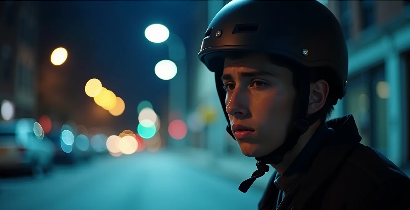 Besorgtes Gesicht eines E-Scooter-Fahrers bei einer nächtlichen Verkehrskontrolle durch die Polizei.