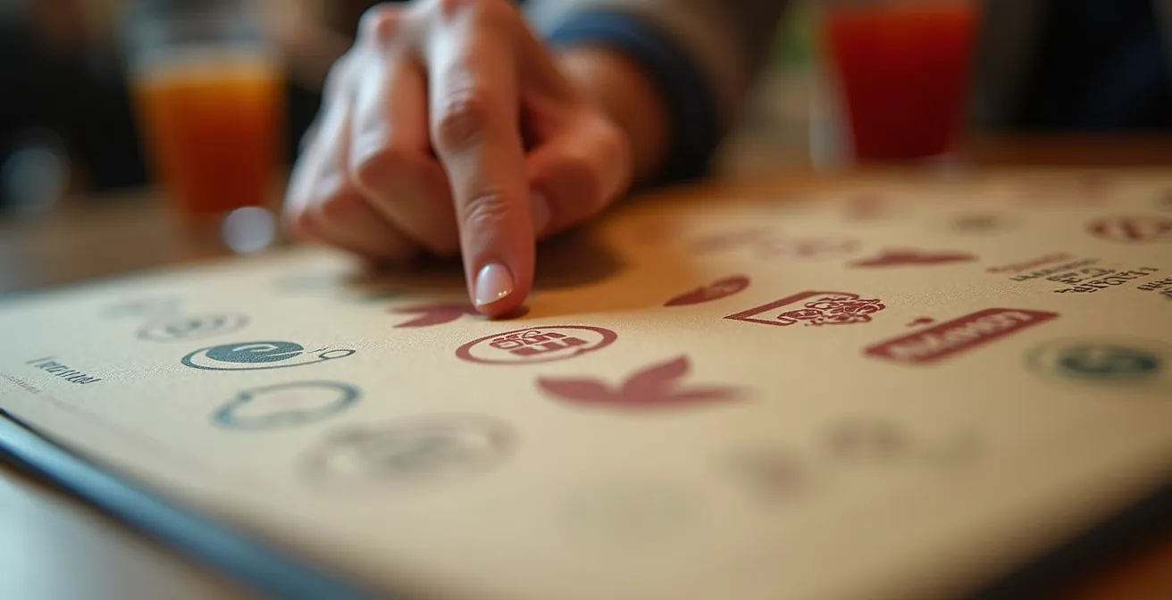 Nahaufnahme einer Hand, die auf Allergenkennzeichnungen in einer deutschen Speisekarte zeigt