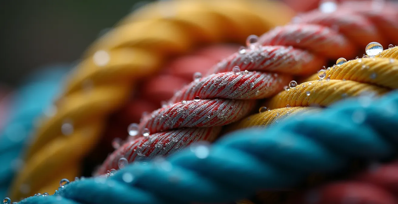 Verschiedene Seilfasern symbolisieren das Zusammenspiel von Erfahrung und Jugend im Extremsport.