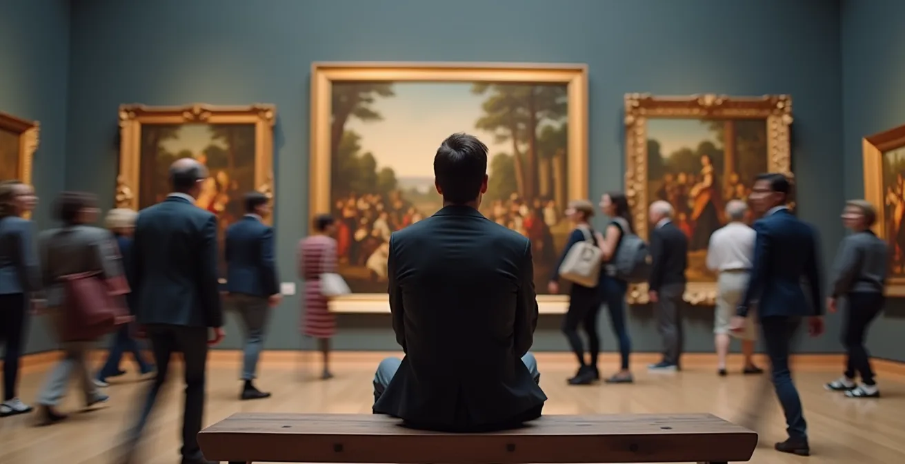 Museumsbesucher konzentriert sich intensiv auf ein einzelnes Meisterwerk