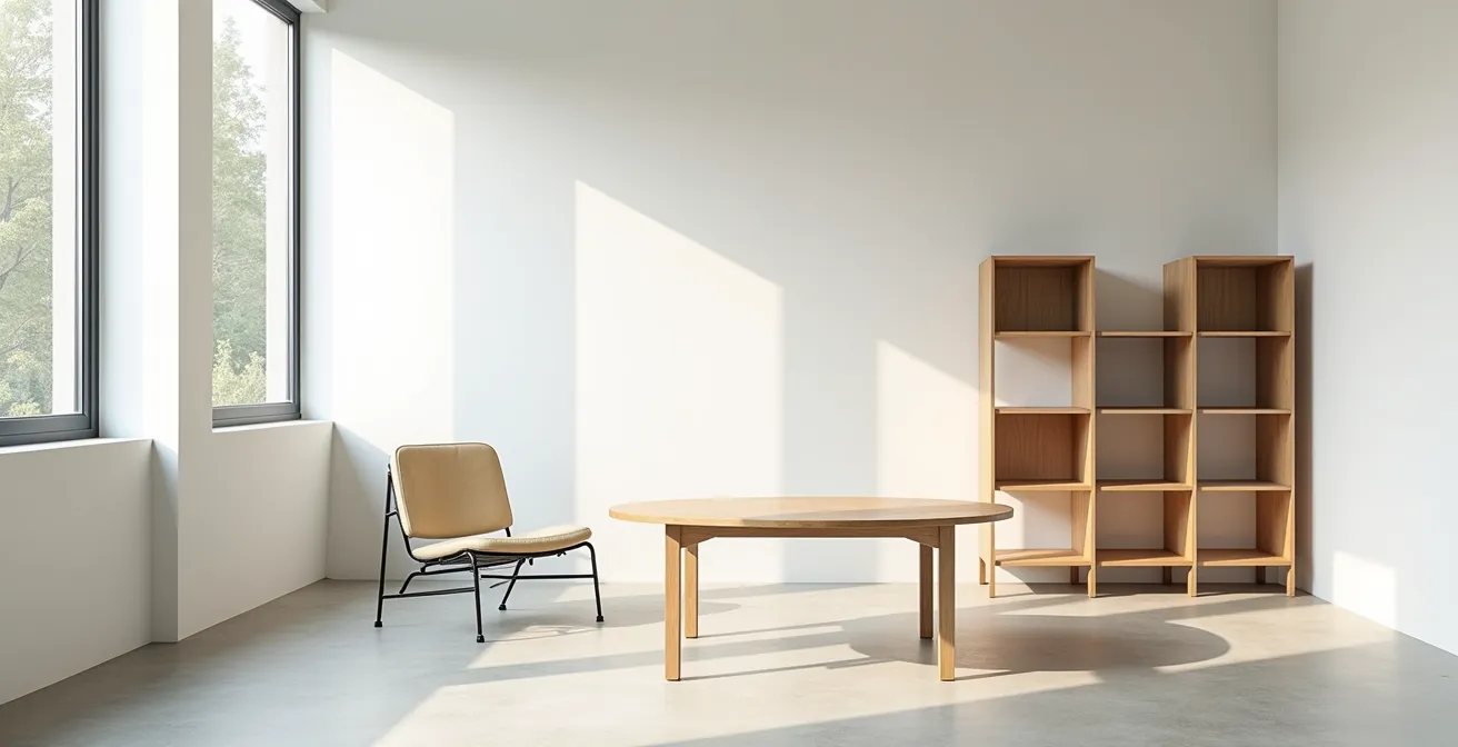 Zeitlose Bauhaus-Designprinzipien visualisiert durch moderne Möbelstücke in einem hellen Raum