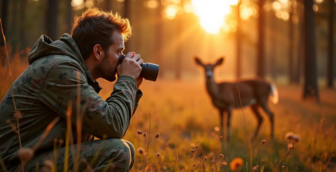 Naturbeobachter in Tarnkleidung beobachtet Rothirsch aus respektvoller Distanz während der Abenddämmerung
