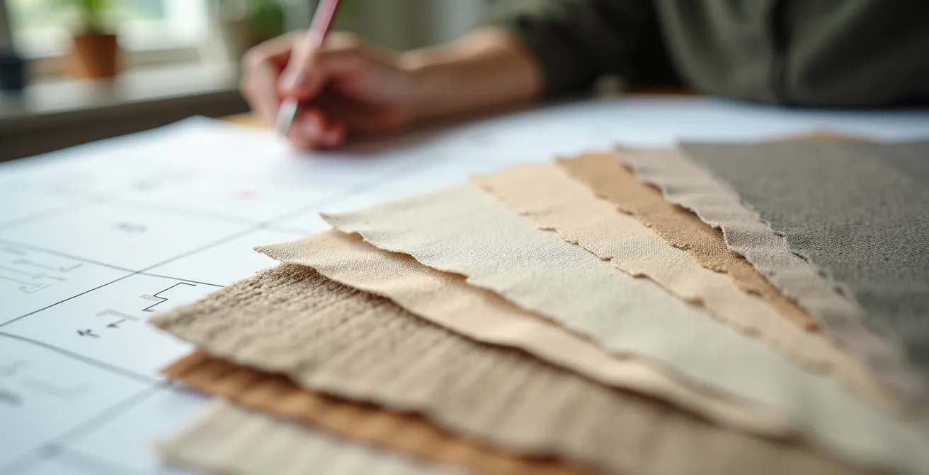 Makroaufnahme von Planungsunterlagen mit Farbmustern und Stoffproben für Wohnungsmodernisierung