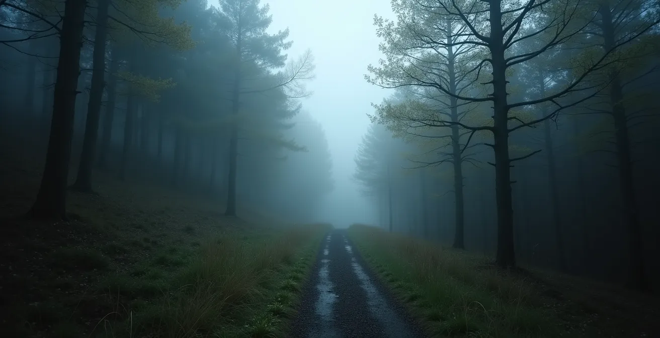 Atmosphärische Waldszene im deutschen Mittelgebirge mit dramatischem Nebel und Lichtstimmung
