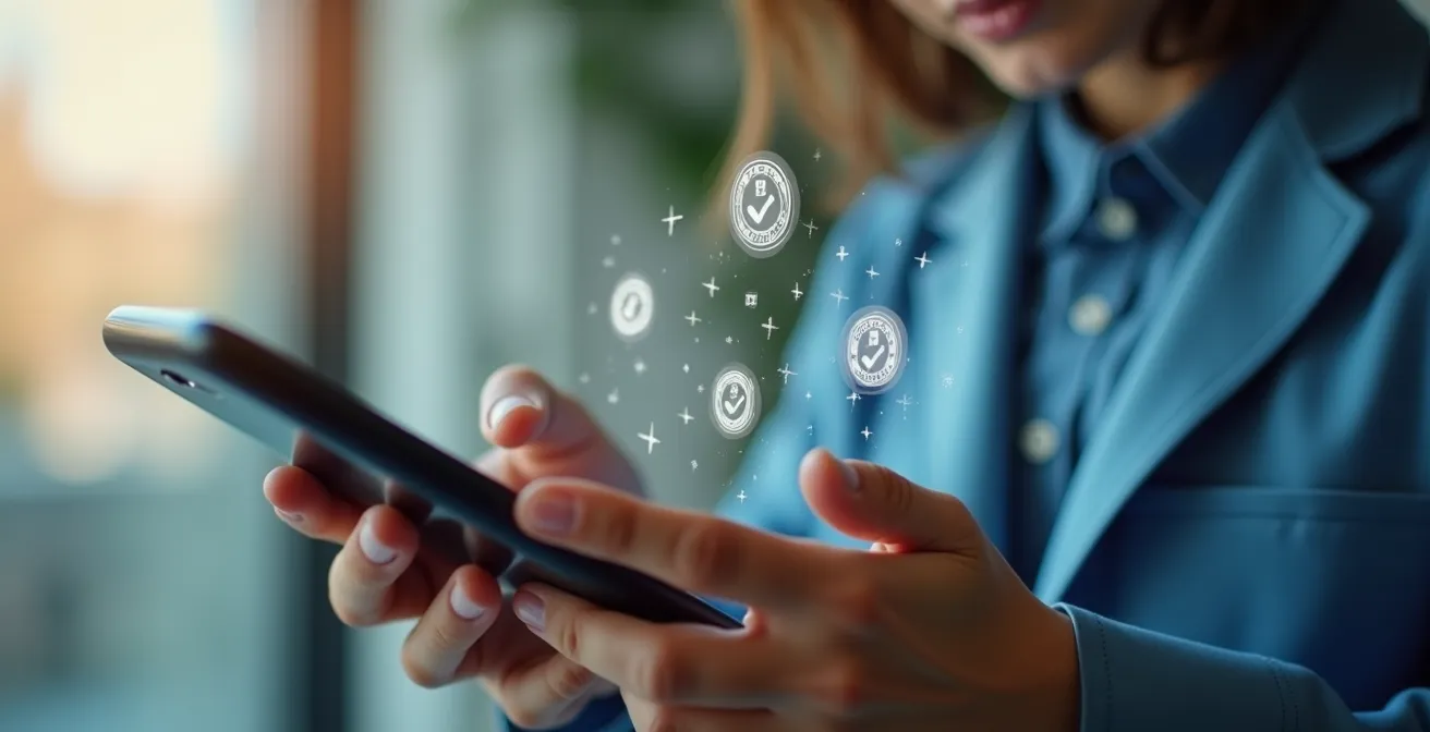 Hand prüft DiGA-Verzeichnis auf Smartphone mit Gütesiegel-Icons