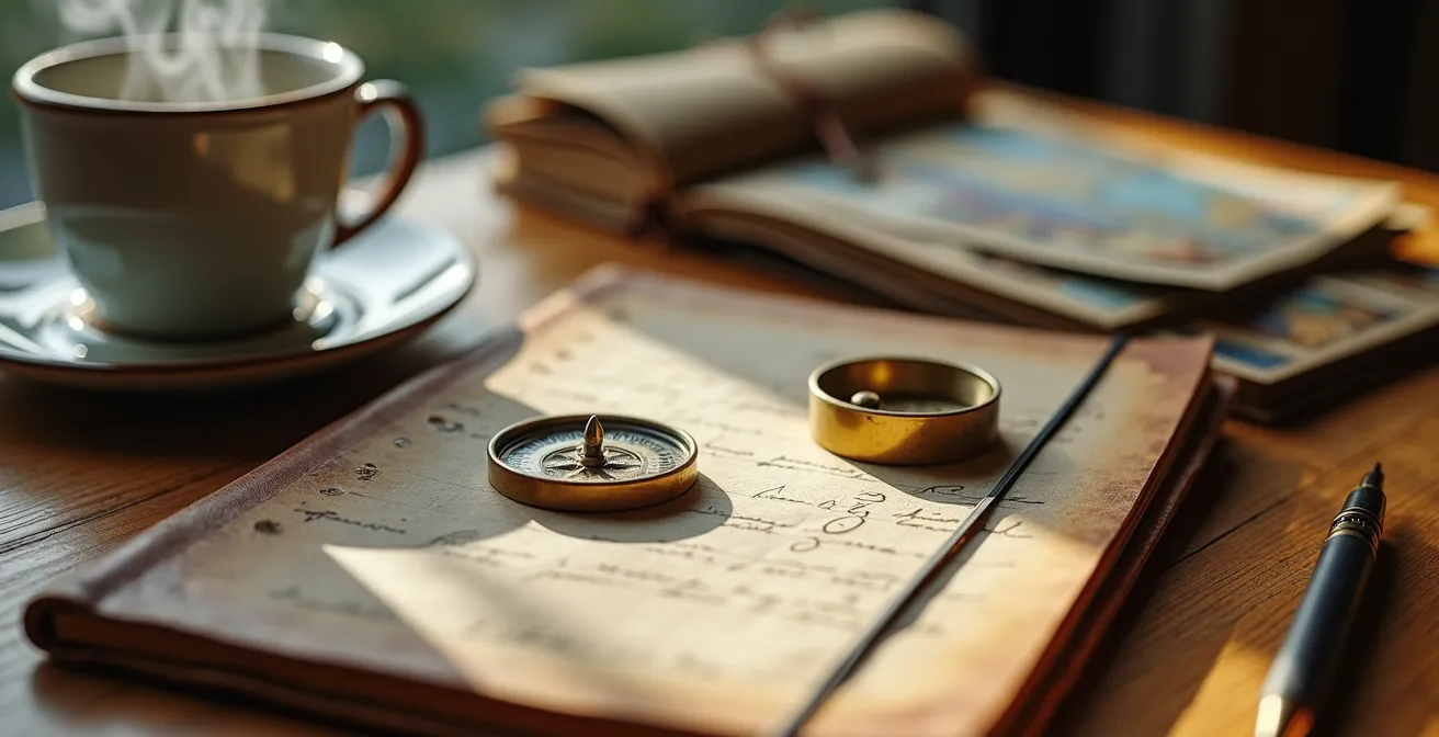 Reisender plant Route mit lokalen Karten und handschriftlichen Notizen