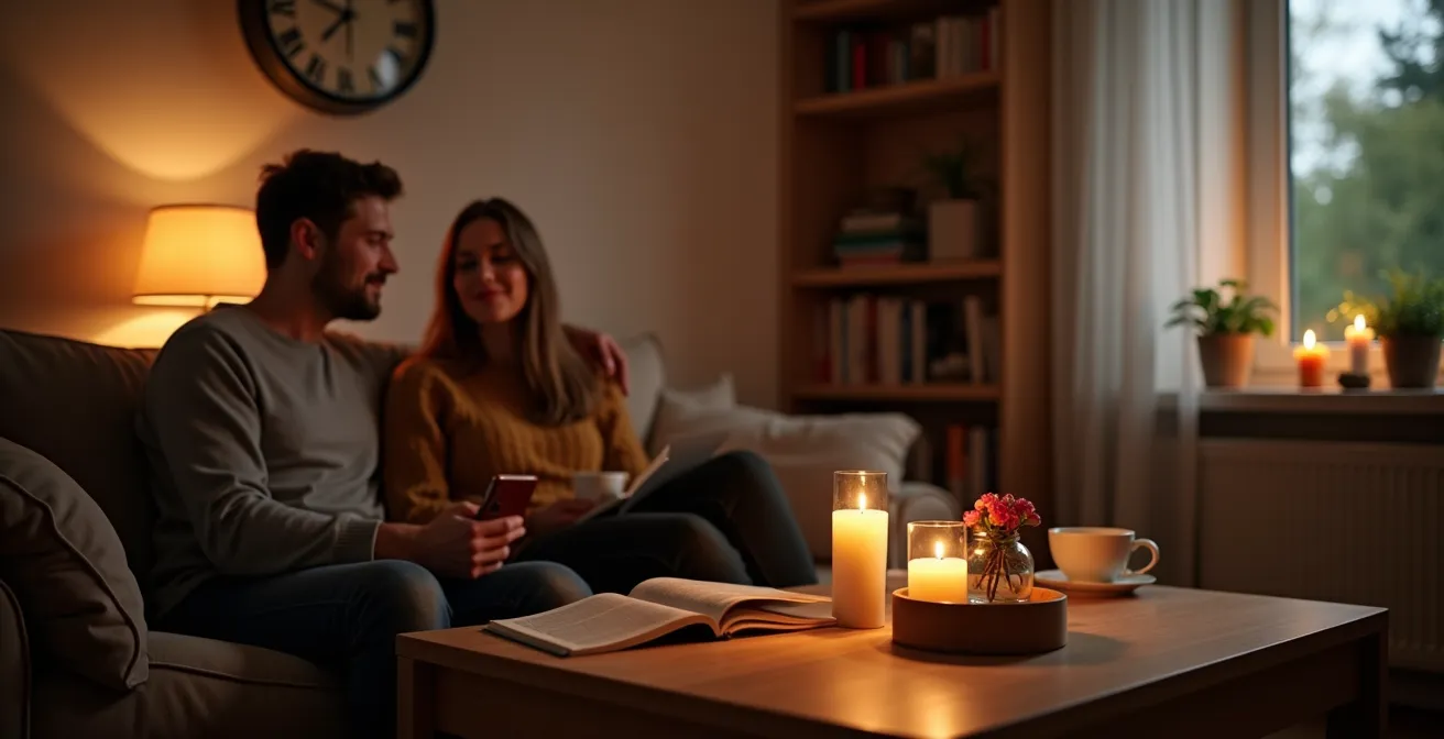 Gemütlicher Abend mit Kerzen und geschlossenen Geräten, der eine digitale Sperrstunde symbolisiert.