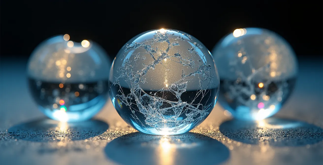 Makroaufnahme von drei zerbrochenen Glaskugeln, die das Entlarven von Mythen über die Digitalisierung symbolisieren.