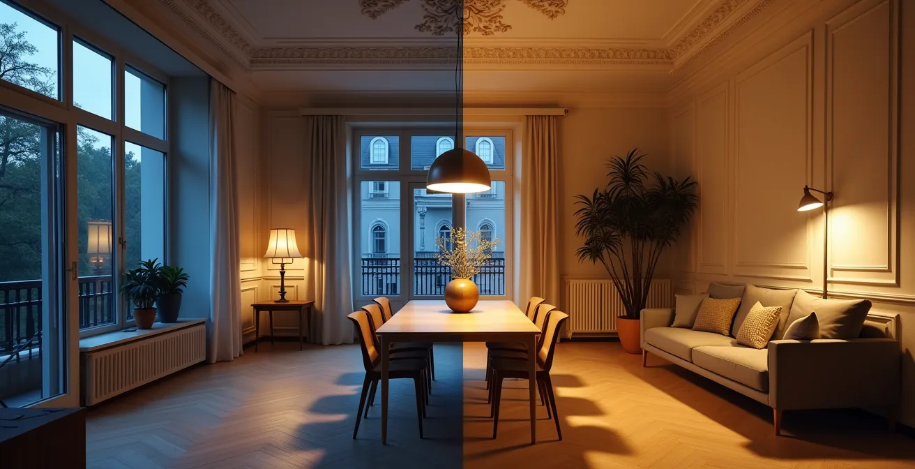 Wohnzimmer mit drei unterschiedlichen Beleuchtungsebenen sichtbar