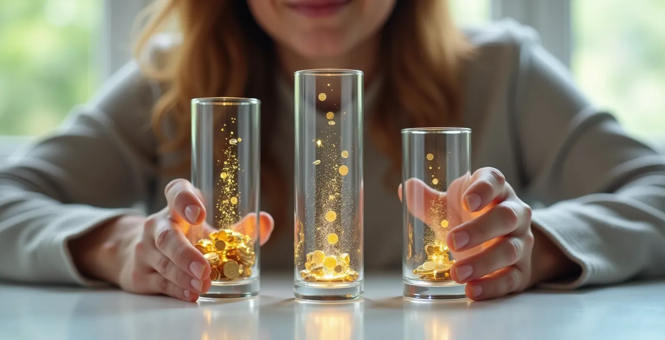 Drei symbolische Säulen repräsentieren die Bereiche Finanzen, Arbeit und Haushalt mit Automatisierung