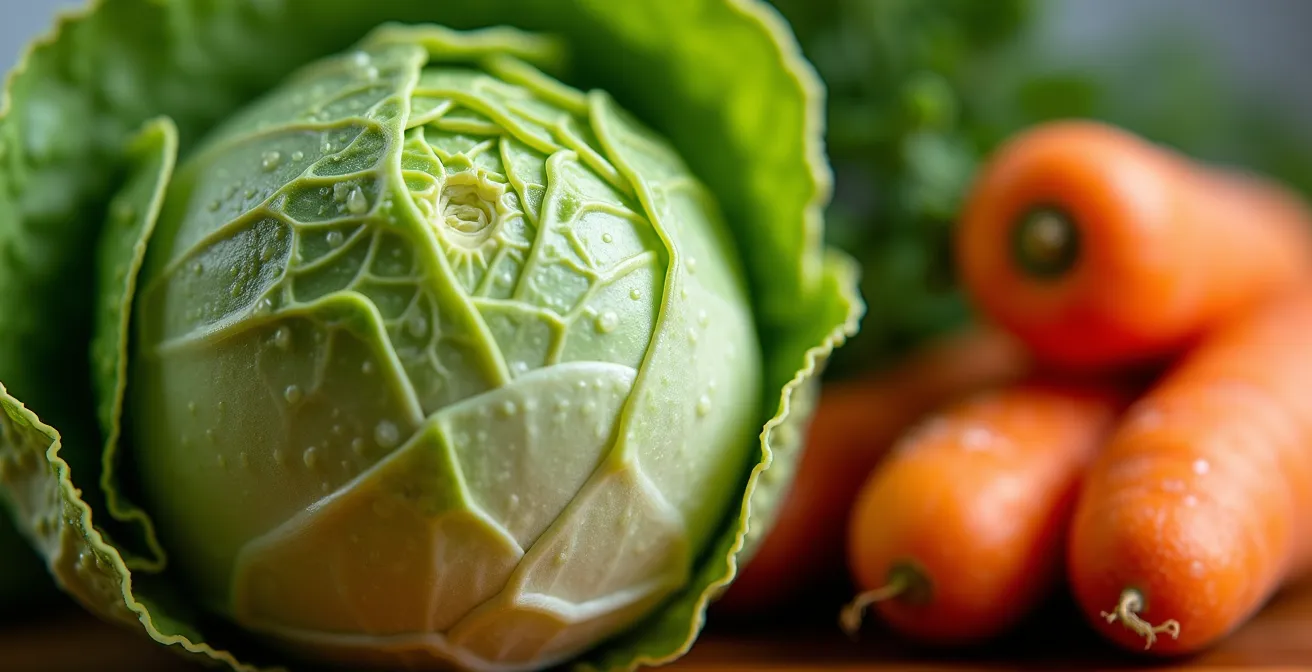 Epigenetische Aktivierung durch gesunden Lebensstil, dargestellt durch frisches Gemüse, das zellulare Gesundheit symbolisiert.