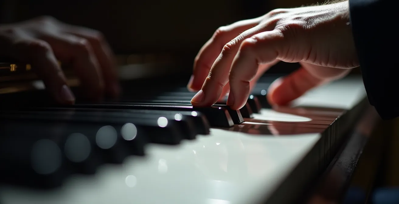 Epigenetik visualisiert durch die Metapher eines Pianisten, dessen Hände über den Tasten eines Klaviers schweben und symbolisieren, wie der Lebensstil die Gene (die Tasten) spielt.