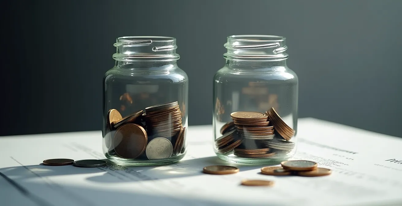 Zwei Glasgefäße mit Münzen, eines fast voll (ETF), das andere halbleer (aktiver Fonds), um den Kostenunterschied zu symbolisieren.