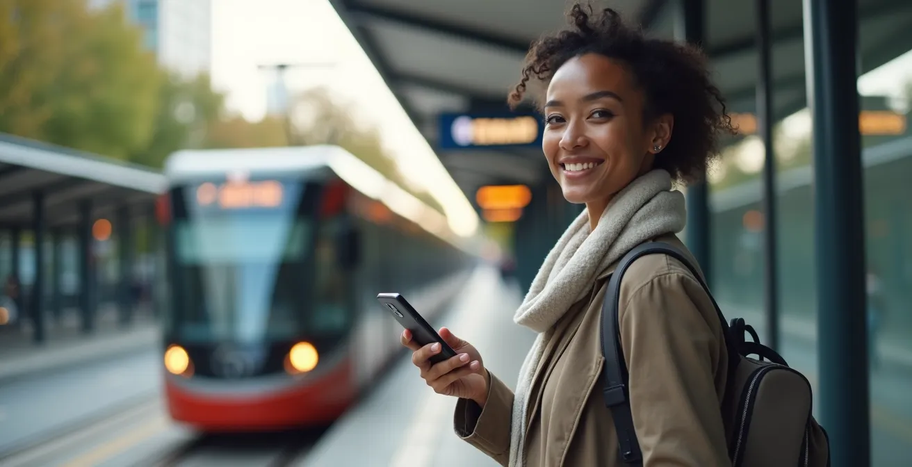Fahrgast an einer modernen Straßenbahnhaltestelle nutzt Smartphone-App zur Navigation