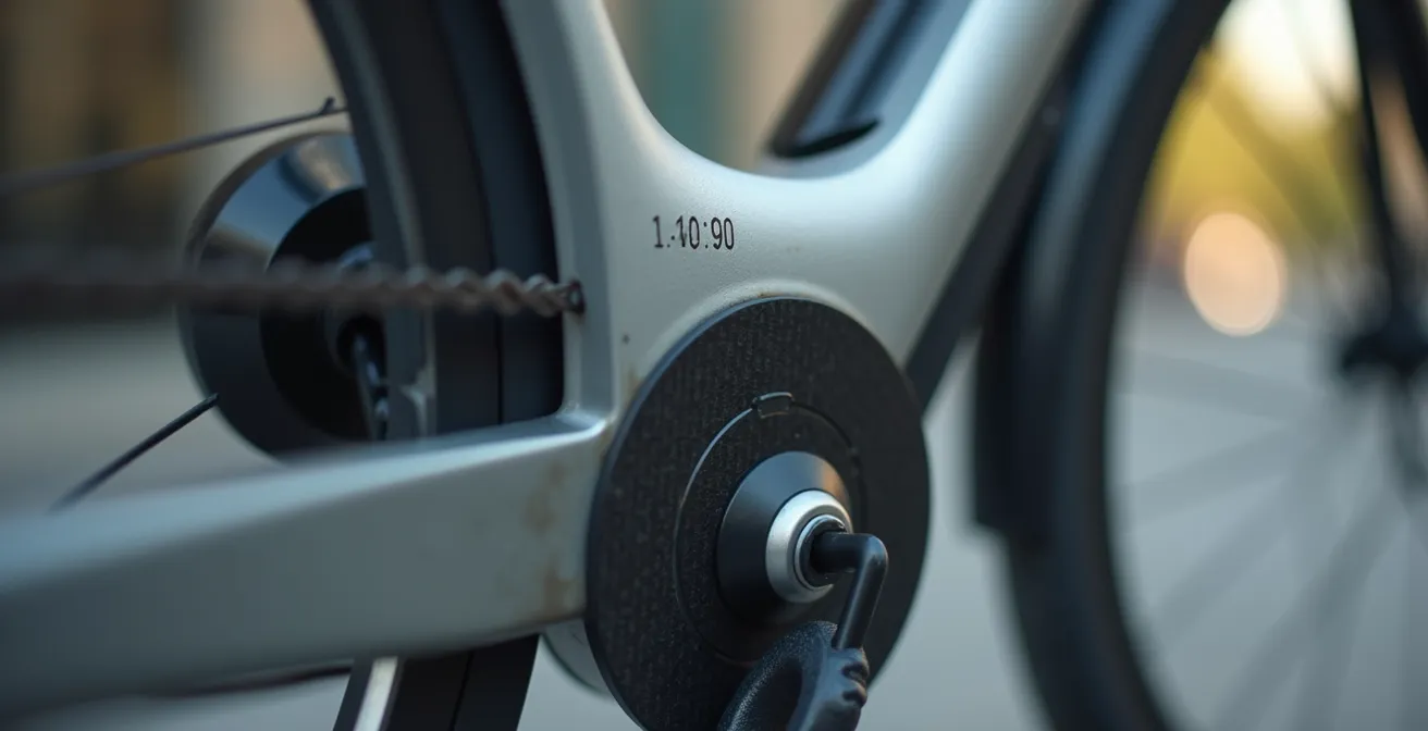 Hochwertiges Bügelschloss an einem E-Bike mit Fahrradcodierung sichtbar