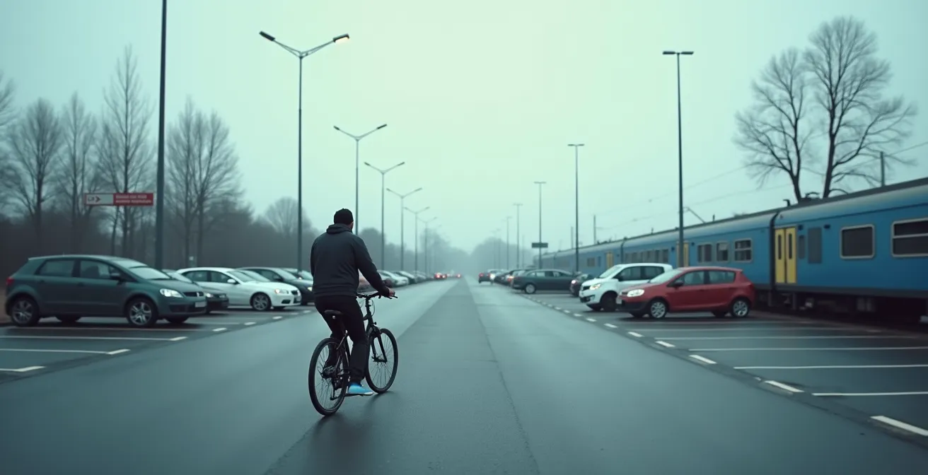 Pendler an einem Park-and-Ride-Platz mit verschiedenen Verkehrsmitteln wie Auto, Fahrrad und Zug im Hintergrund