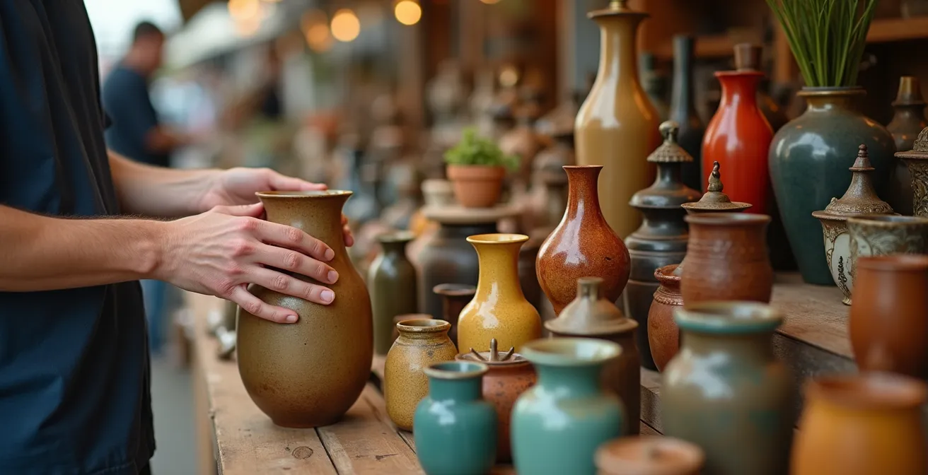 Atmosphärische Aufnahme eines deutschen Flohmarkts mit vielfältigen Vintage-Objekten