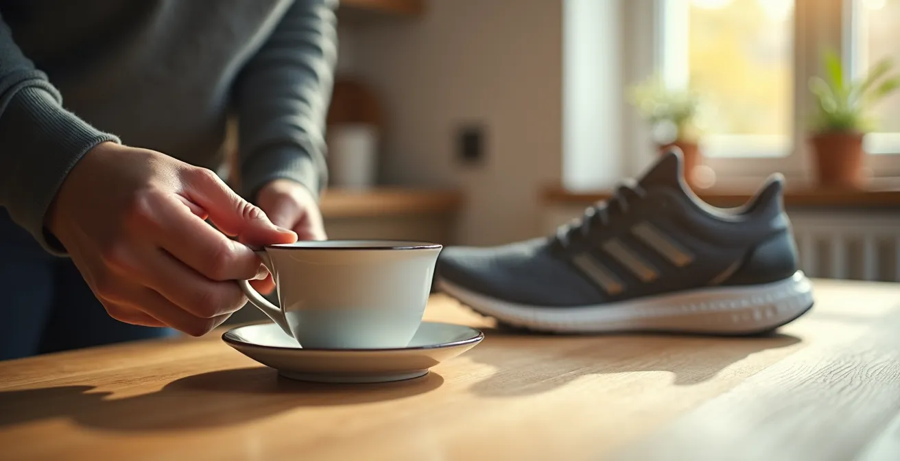 Nahaufnahme von Händen, die eine Kaffeetasse auf einem Küchentisch abstellen, während im Hintergrund Sportschuhe bereitstehen