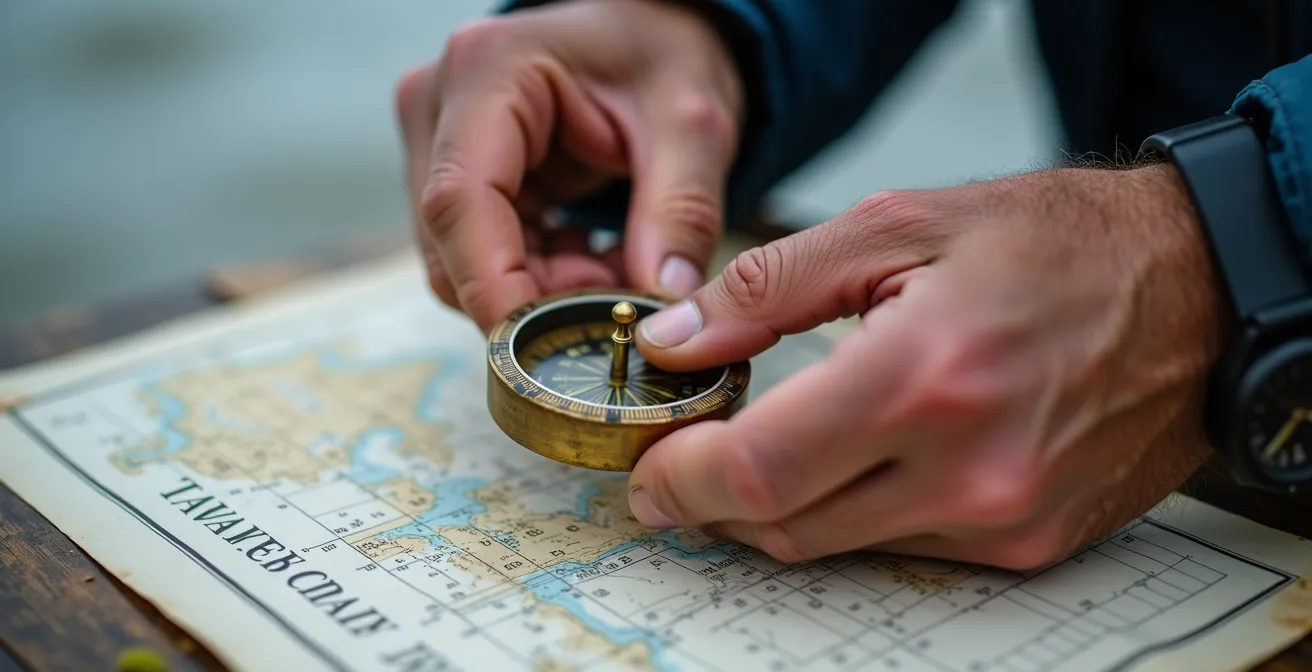 Detailaufnahme einer Hand mit Kompass und Gezeitenkalender am deutschen Wattenmeer