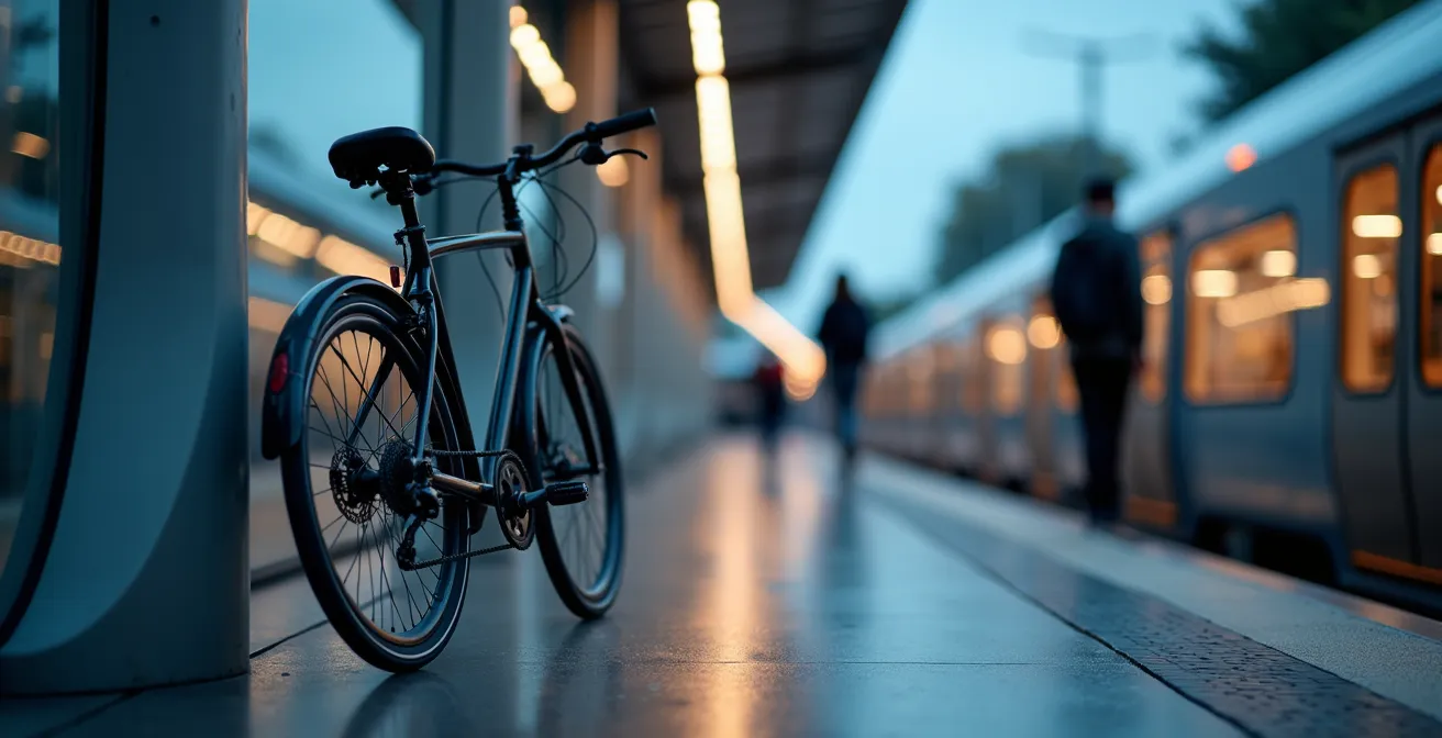 Visualisierung des Kern-und-Satelliten-Mobilitätsmodells mit einem Bahnhof als Kern und Fahrrad sowie E-Scooter als Satelliten.