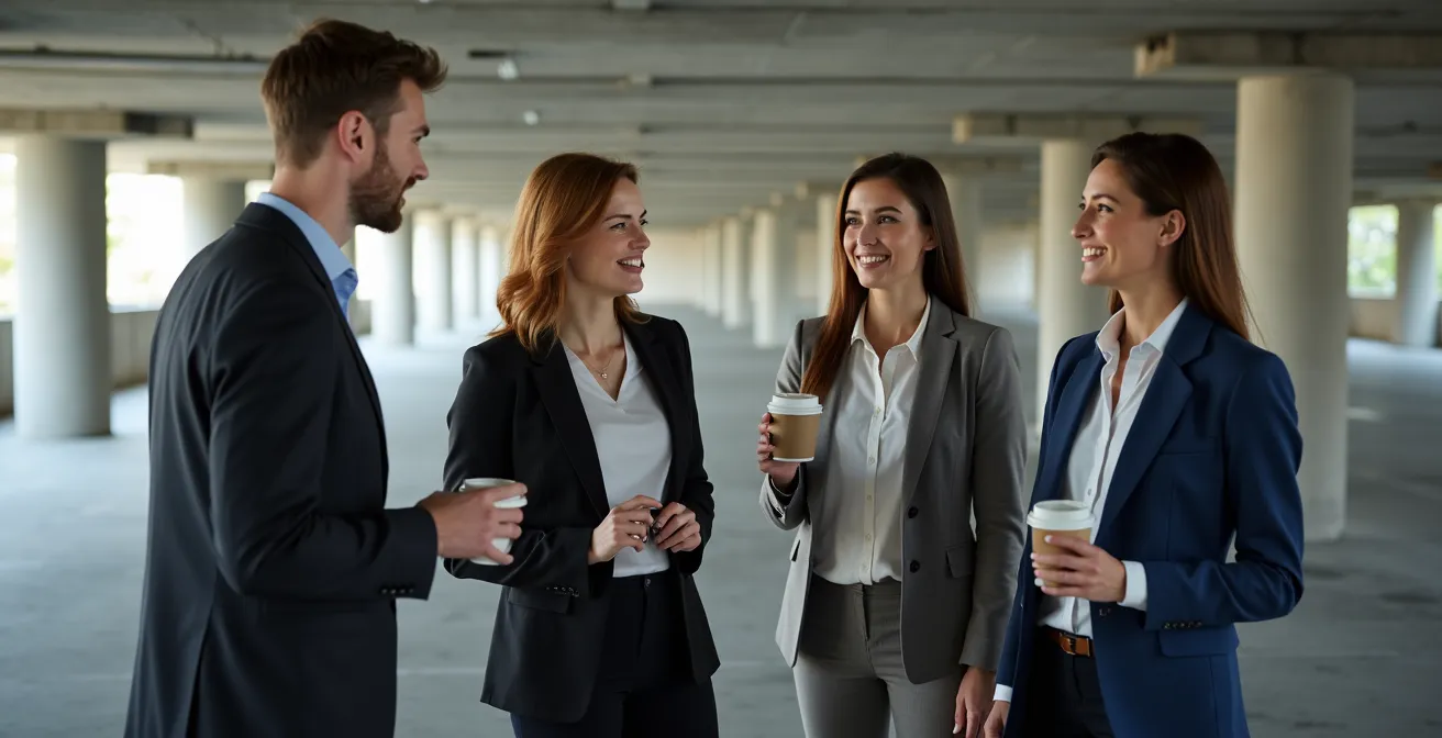Geschäftsleute besprechen Fahrgemeinschaftsregeln am Parkplatz
