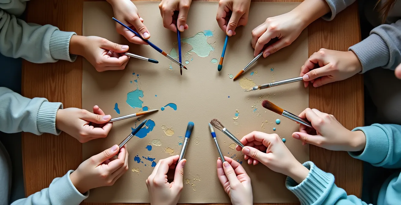 Hände arbeiten mit verschiedenen kreativen Materialien in harmonischer Anordnung