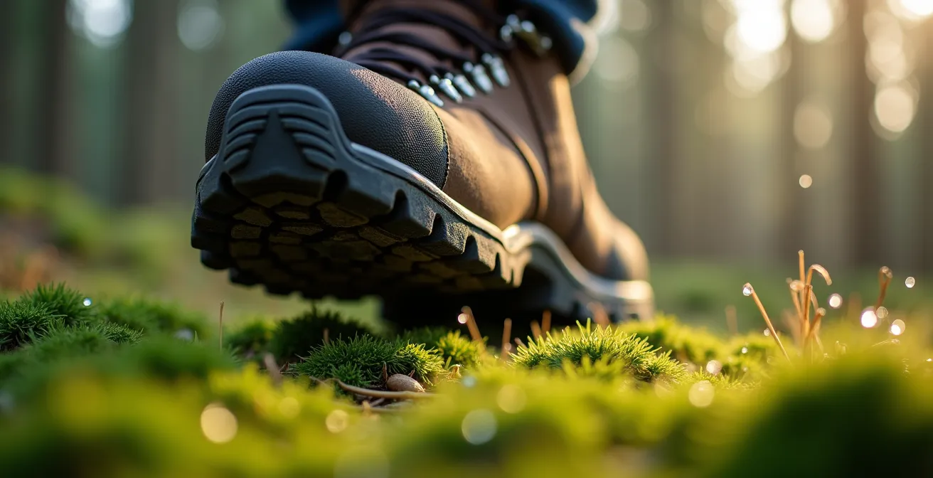 Detailaufnahme von Wanderschuhen auf moosbedecktem Waldboden ohne sichtbare Spuren