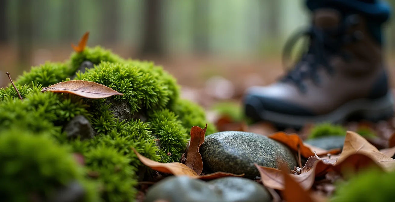 Detailaufnahme eines naturbelassenen Wanderpfads mit Moos und Steinen ohne menschliche Spuren