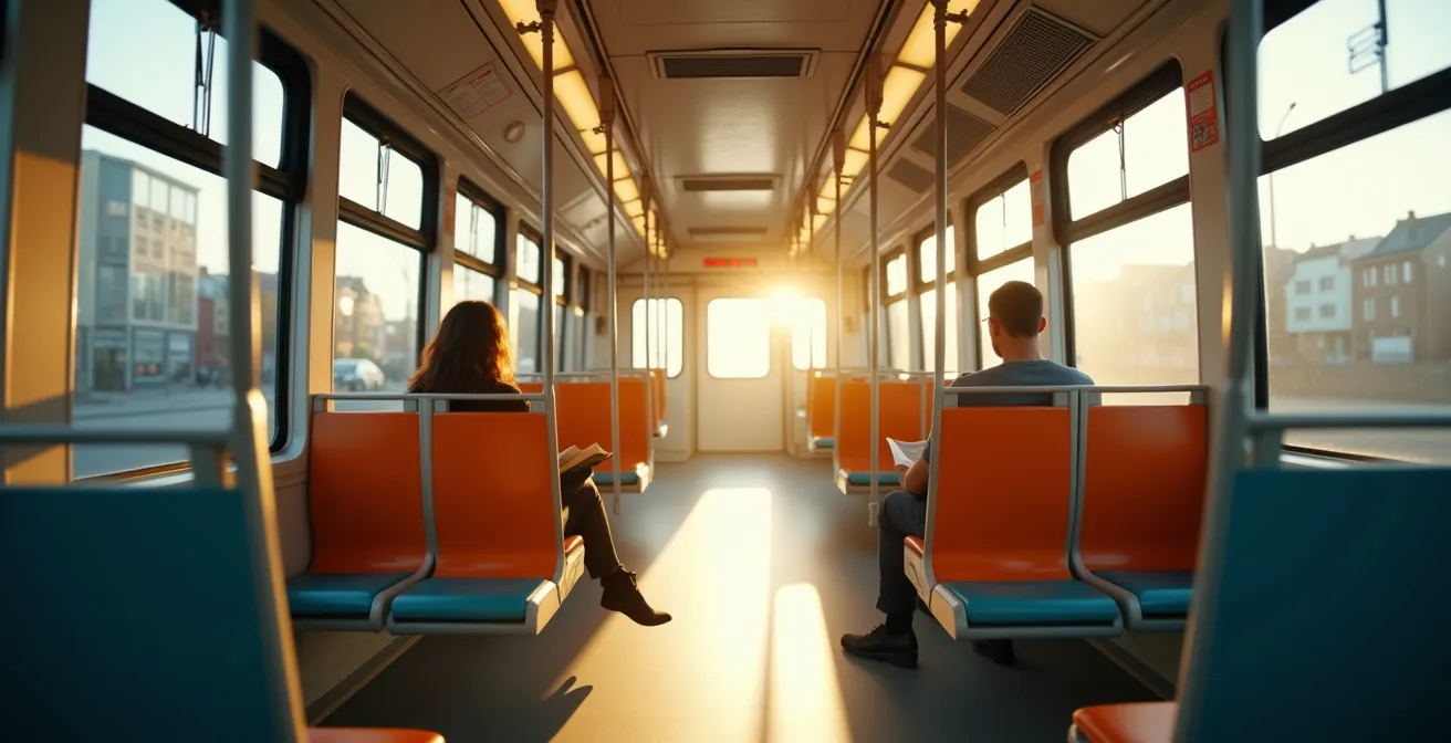 Innenraum einer fast leeren Straßenbahn in den frühen Morgenstunden mit vielen freien Sitzplätzen