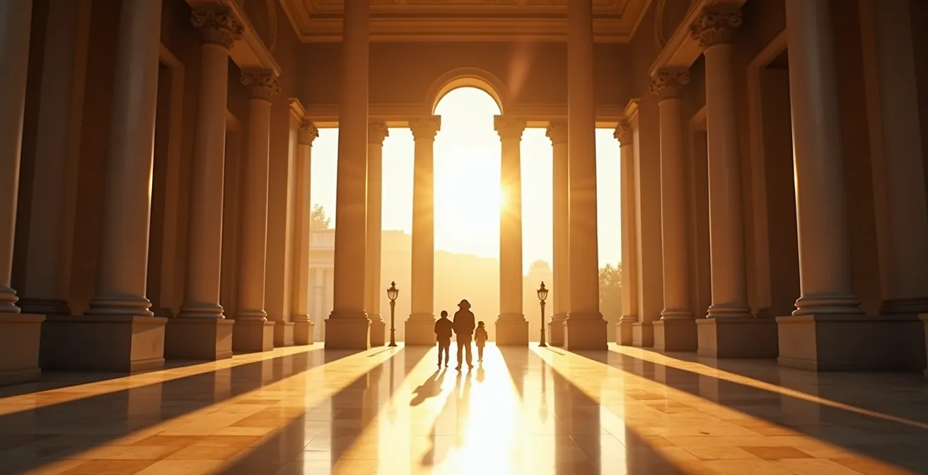 Weitläufiger Museumssaal in der Abenddämmerung mit wenigen Besuchern und warmer Beleuchtung