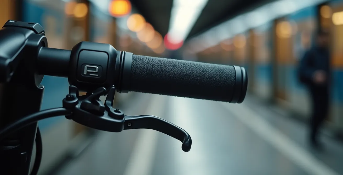 Nahaufnahme des Lenkers eines E-Scooters, der die Lösung für die letzte Meile symbolisiert, mit einem verschwommenen Bahnhof im Hintergrund.