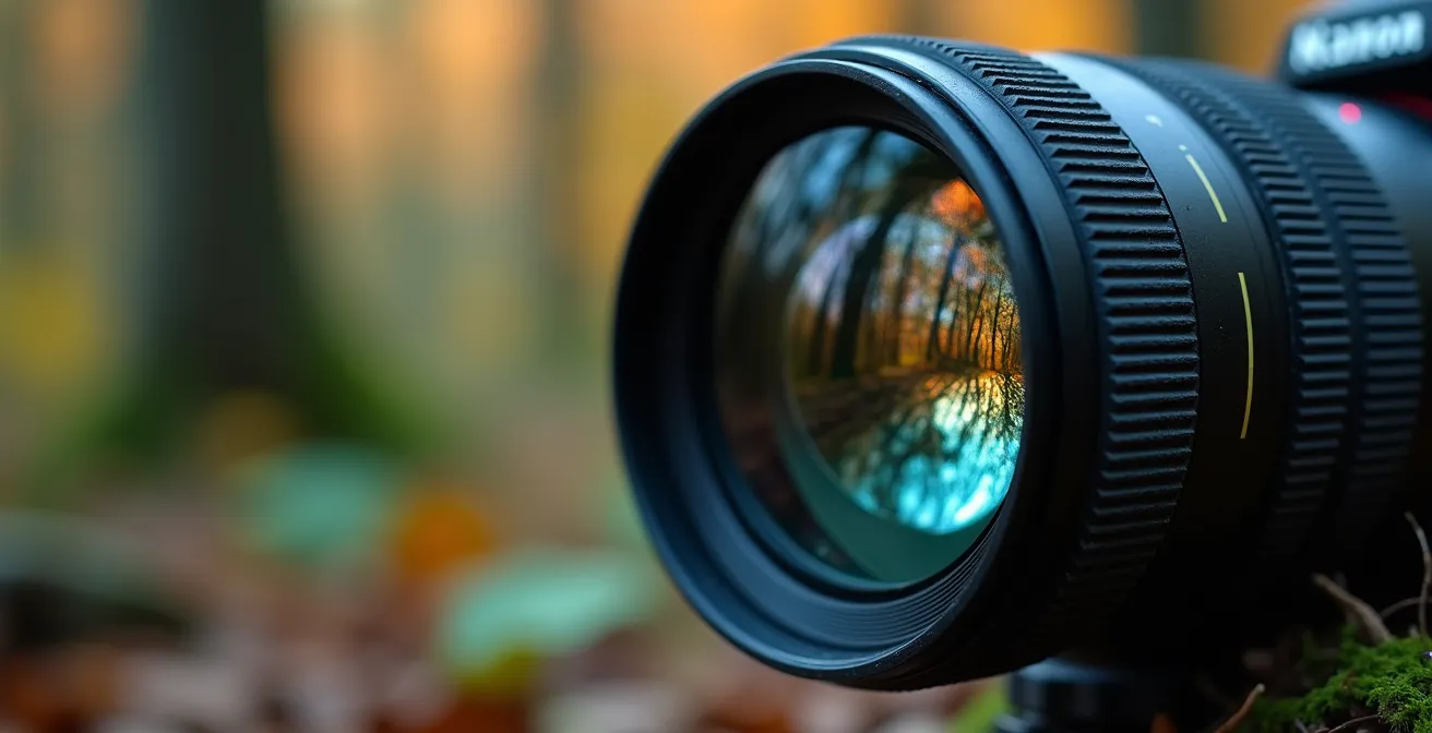 Detailaufnahme einer Kameralinse mit verschwommenem Waldtier im Hintergrund, zeigt respektvolle Distanz