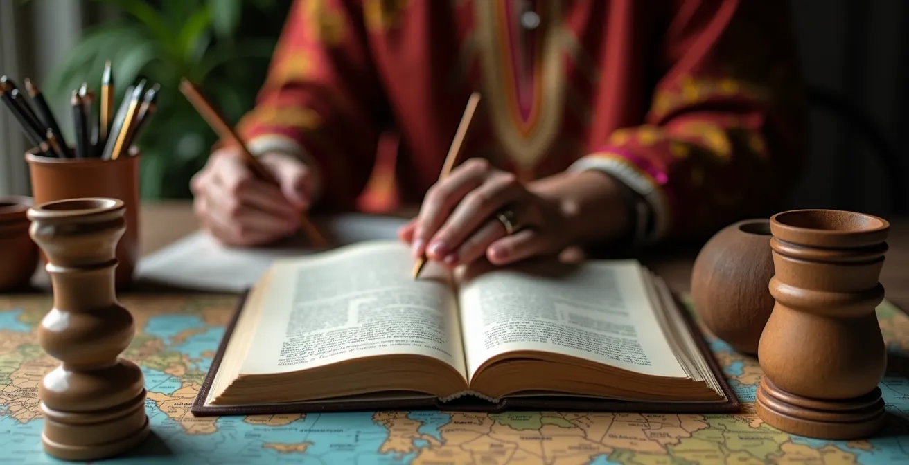 Person reflektiert über kulturelle Prägungen mit Symbolen verschiedener Kulturen im Hintergrund