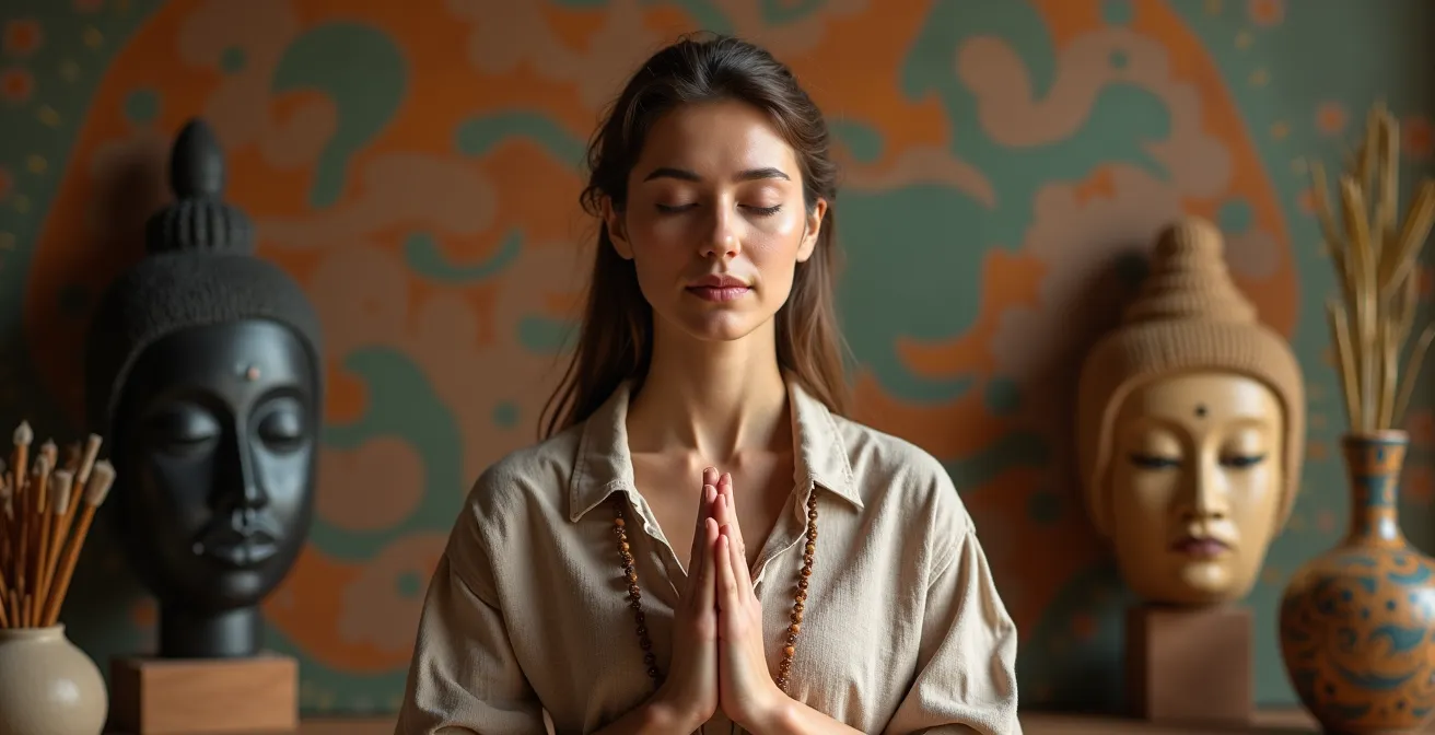 Person in meditativer Haltung umgeben von kulturellen Symbolen