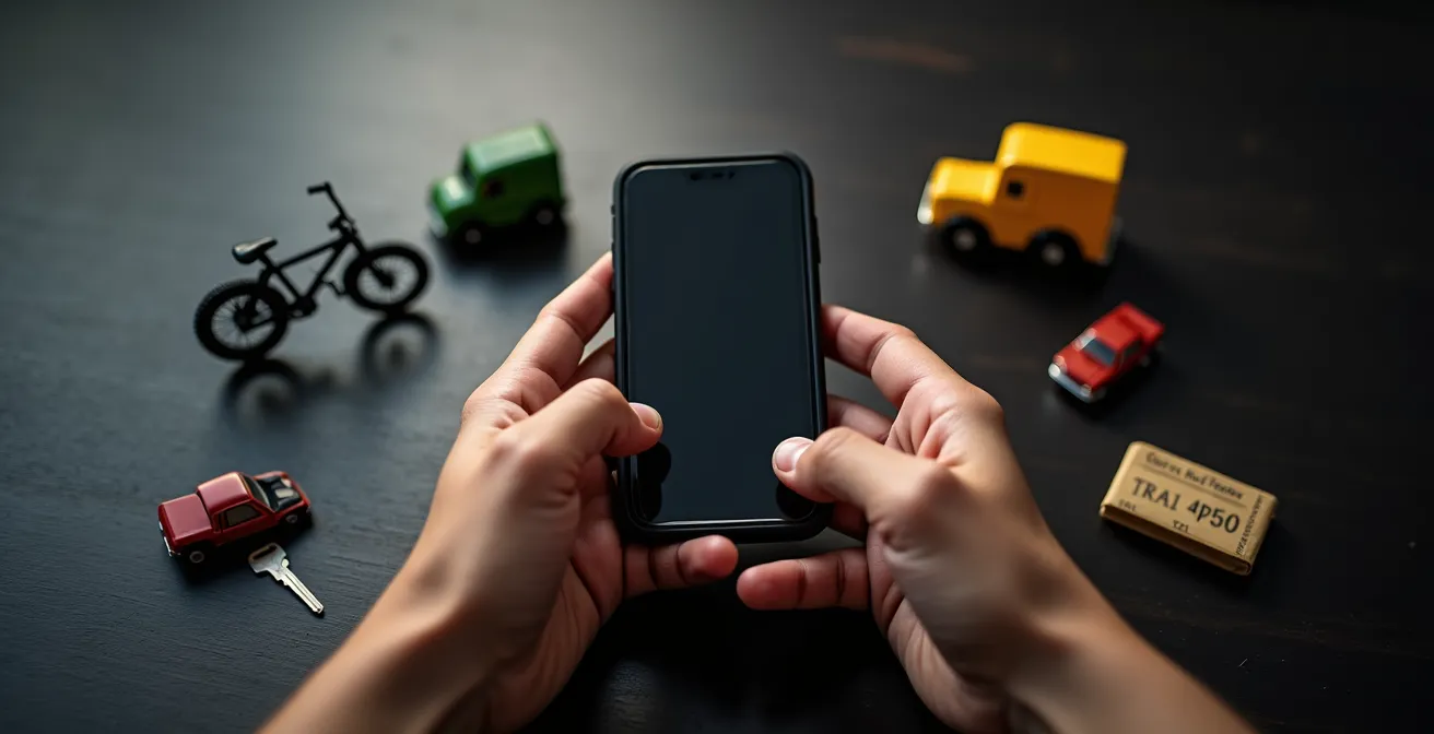 Ein Smartphone, umgeben von Symbolen für verschiedene Verkehrsmittel wie Fahrrad, Auto und Bus, repräsentiert die Entwicklung eines Mobilitäts-Backup-Systems.