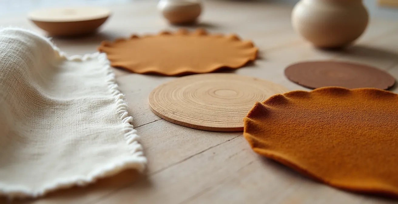 Detailaufnahme eines kreativen Moodboards mit Stoffproben, Farbkarten und Inspirationsbildern