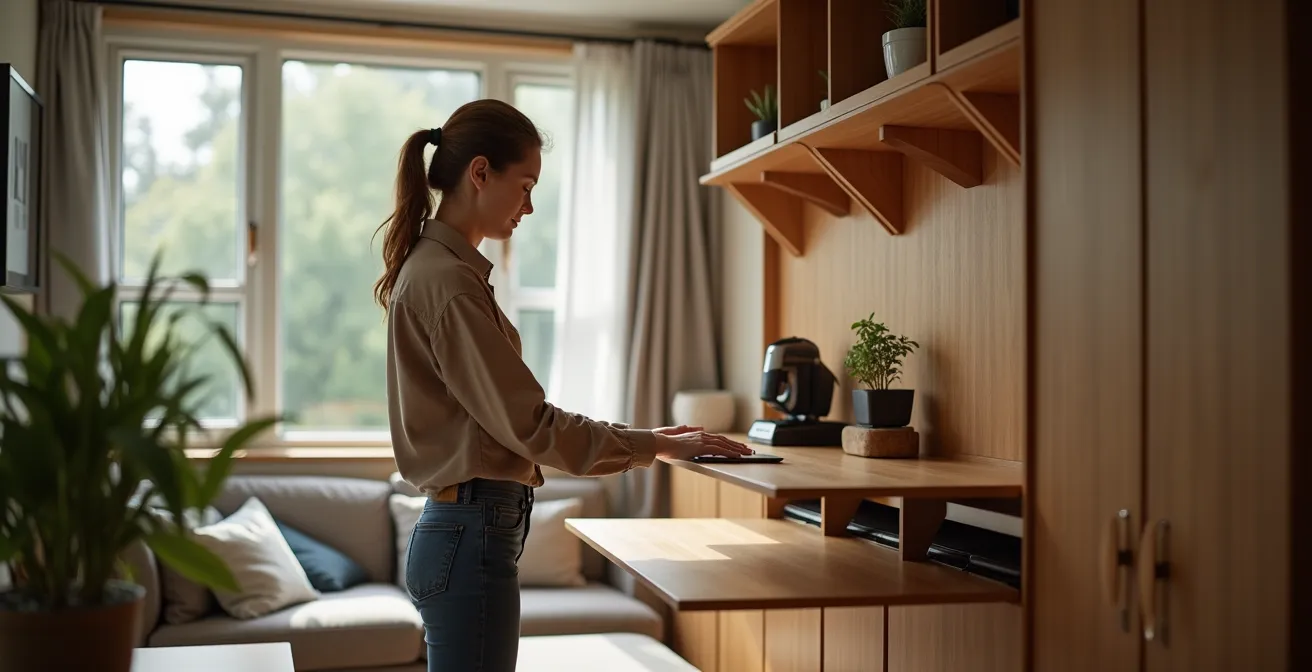 Eine Person klappt einen Schreibtisch an der Wand herunter, der sich in einen Esstisch verwandelt, während im Hintergrund ein Schrankbett zu sehen ist.