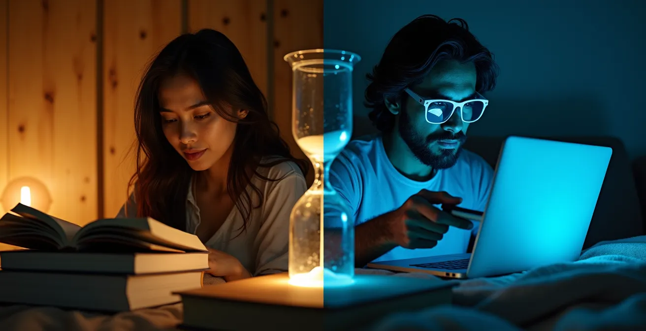 Geteilte Komposition zeigt Person beim Lesen versus Streaming