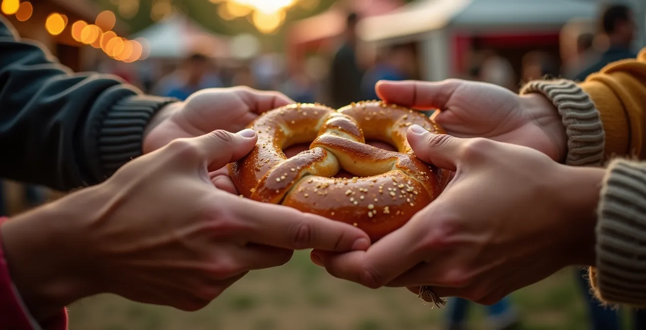 Besucher macht einladende Geste bei lokalem Straßenfest