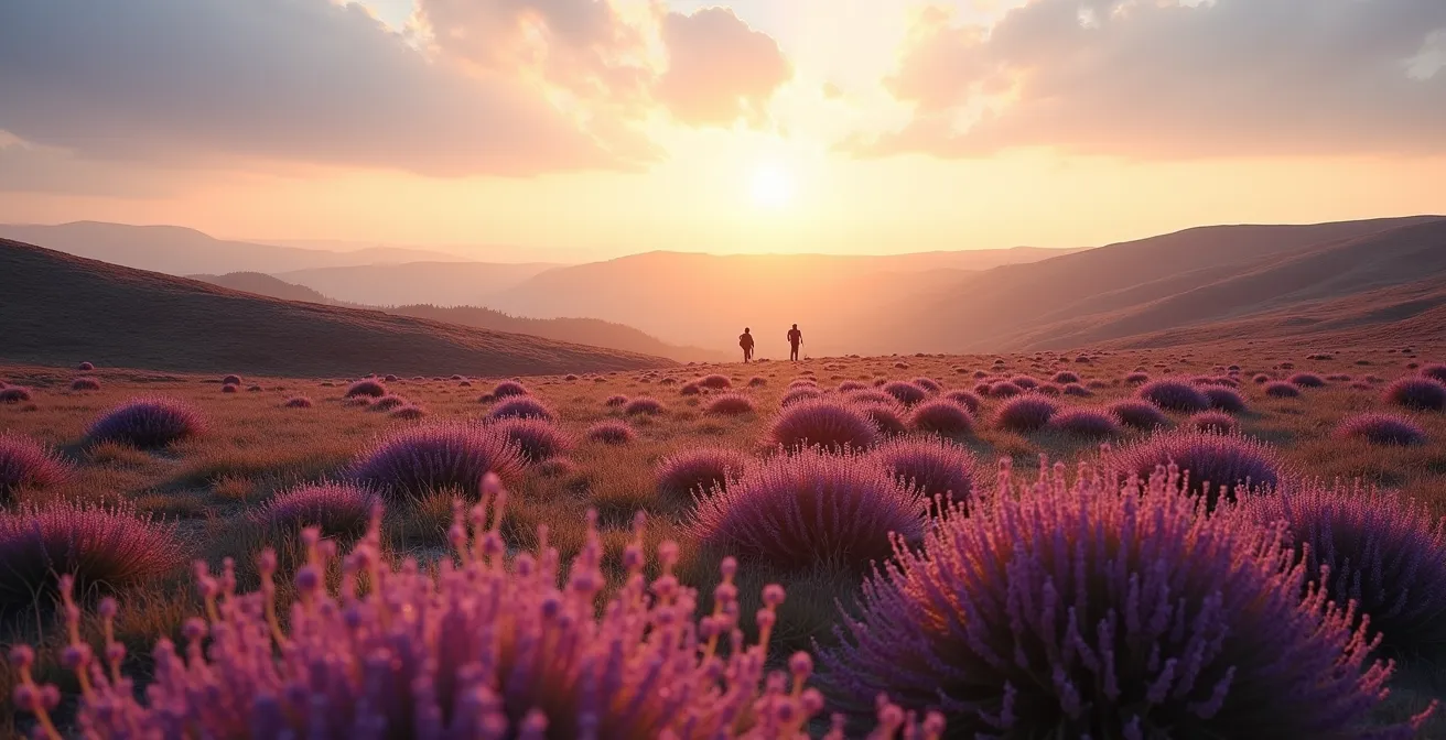 Weite Heidelandschaft im Spätsommer mit einzelnem Wanderer in der Ferne