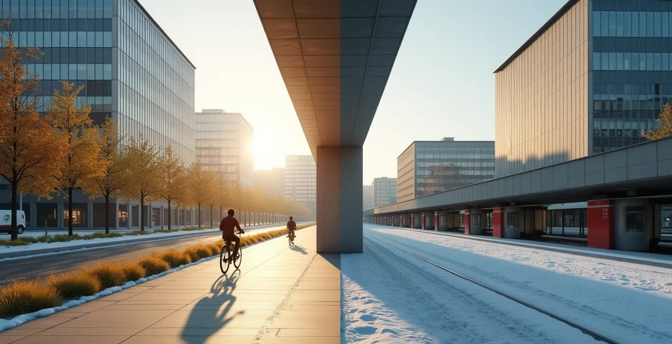 Geteilte Szene zeigt denselben Pendler im Sommer mit Fahrrad und im Winter in der U-Bahn