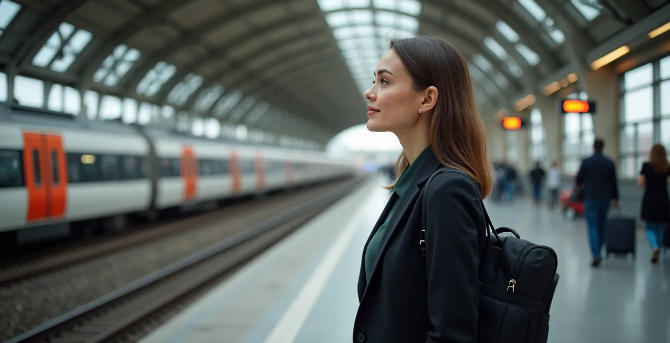 Nachdenkliche Person an einem deutschen Bahnhof, im Hintergrund verschwommene Züge, Fahrräder und Autos, die verschiedene Mobilitätsoptionen symbolisieren.