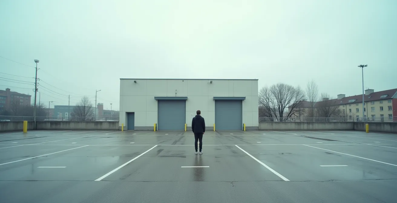 Weitwinkelaufnahme einer Person, die allein auf einem leeren Parkplatz vor einem geschlossenen Fitnessstudio steht, die Atmosphäre vermittelt Stille und Kontemplation