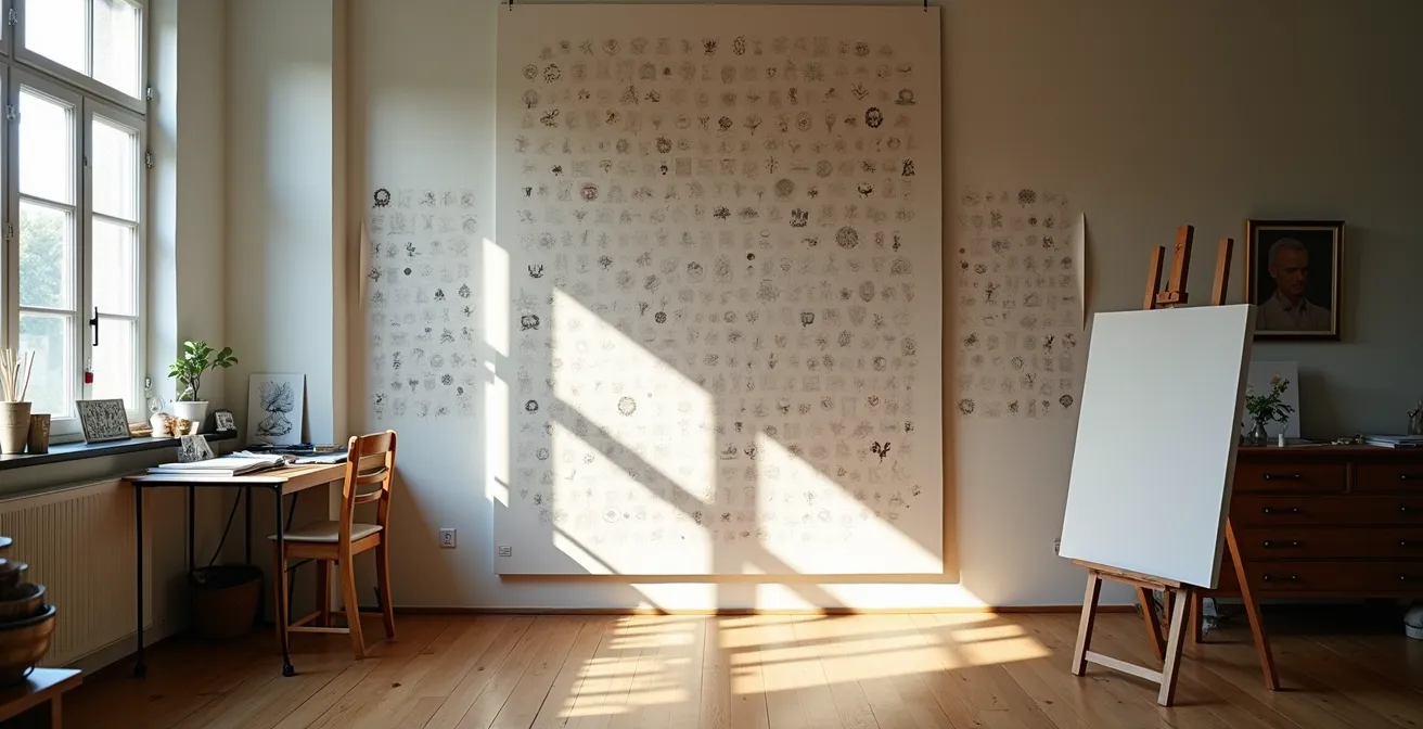 Künstlerisches Atelier mit vielen kleinen Werken neben einem großen Meisterwerk