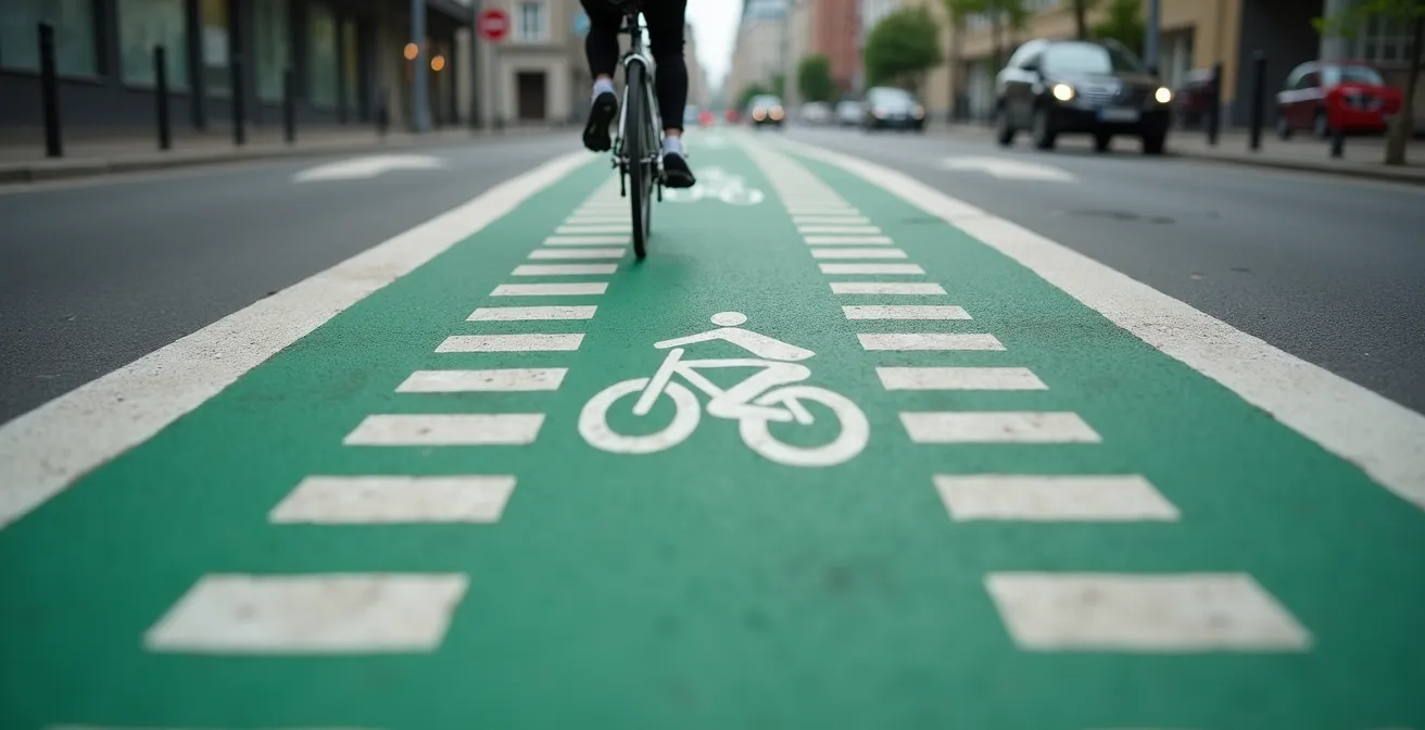 Deutlich markierter Radfahrstreifen mit gestrichelter und durchgezogener Linie in deutscher Stadt