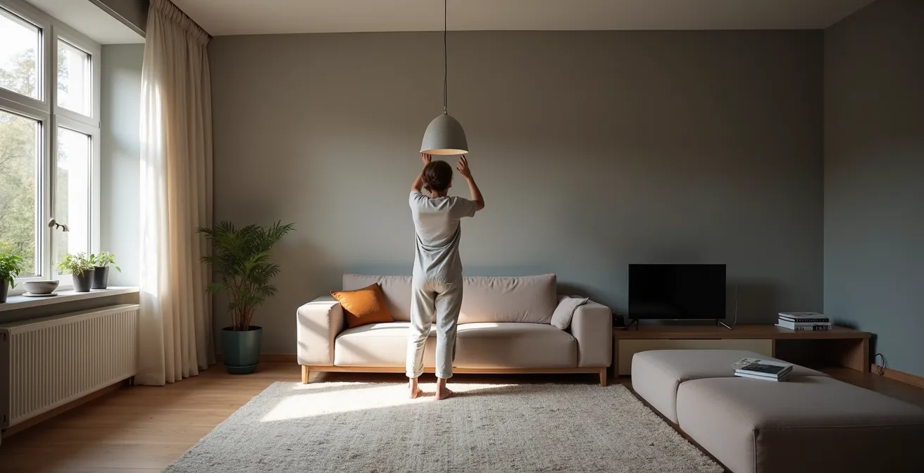 Elegantes Wohnzimmer mit frisch gestrichenen Wänden und durchdachter Beleuchtung