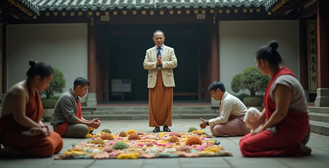 Eine Person beobachtet aus respektvoller Distanz die Vorbereitung einer kulturellen Zeremonie.