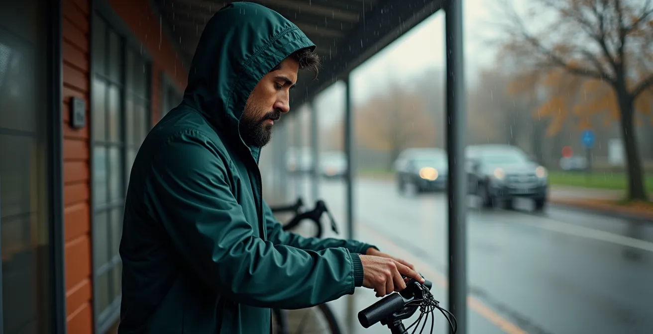 Eine Person stellt ihr Fahrrad bei leichtem Regen in einem überdachten Fahrradständer ab, was den jahreszeitlichen Wechsel der Mobilität symbolisiert.