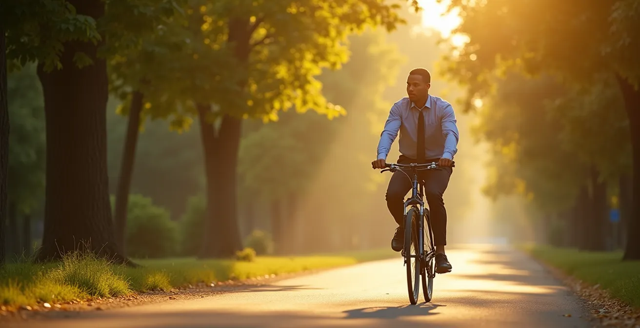 Radfahrer auf Fahrradweg durch grünen Park im Morgenlicht