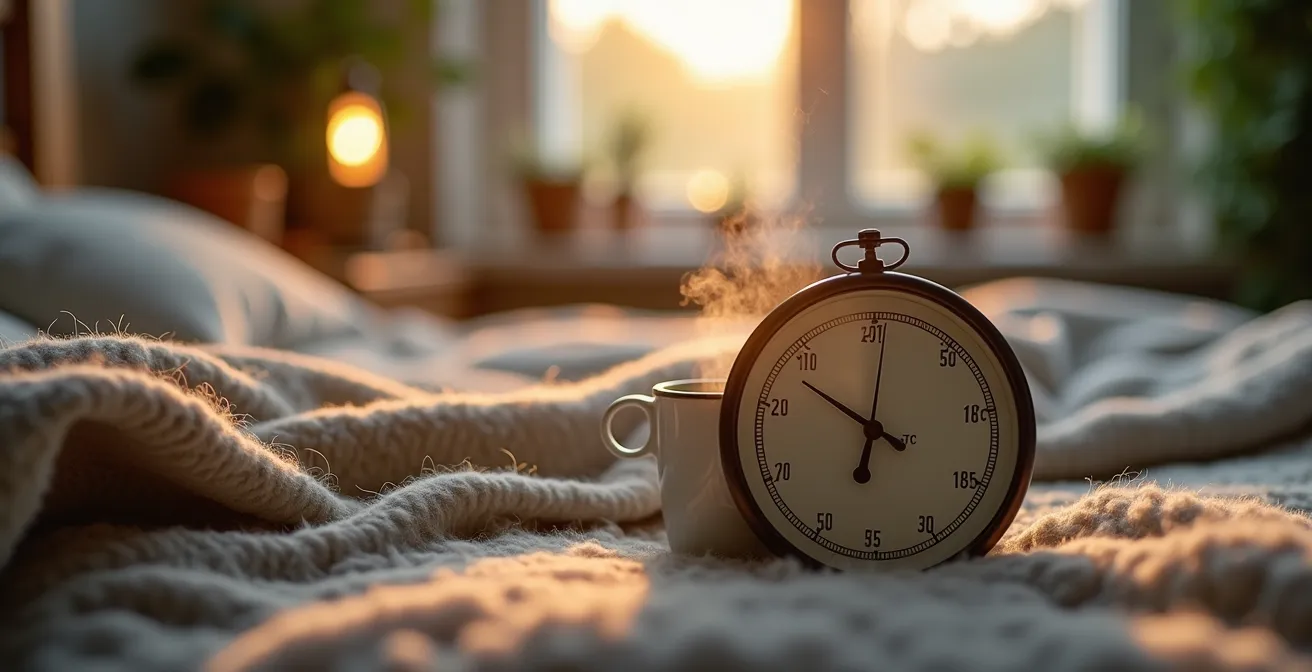 Makroaufnahme von beruhigenden Schlafumgebungselementen mit Temperaturanzeige bei 17 Grad Celsius